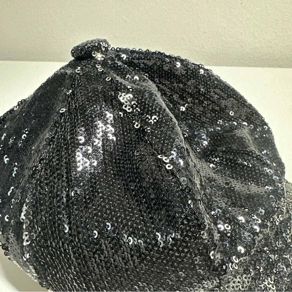 Justice Sequin Black Cadet Style Cap One Size Black Silver Elastic Back